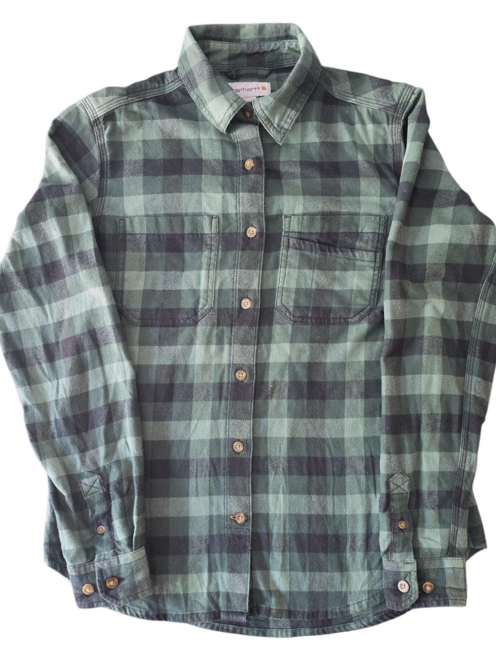 Carhartt Women’s XS Plaid Button Up Shirt Green Black Stretch Workwear